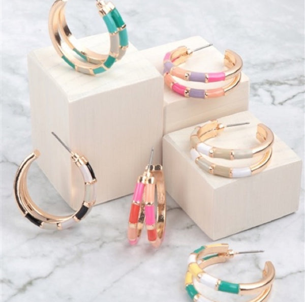 Golden Love Coral/Pink/Lavender Color Block Hoop Earrings
