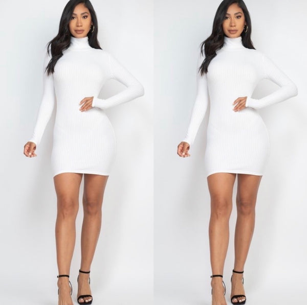 Crystal Curve Snow White Mock Neck Long Sleeve Ribbed Knit Mini Dress