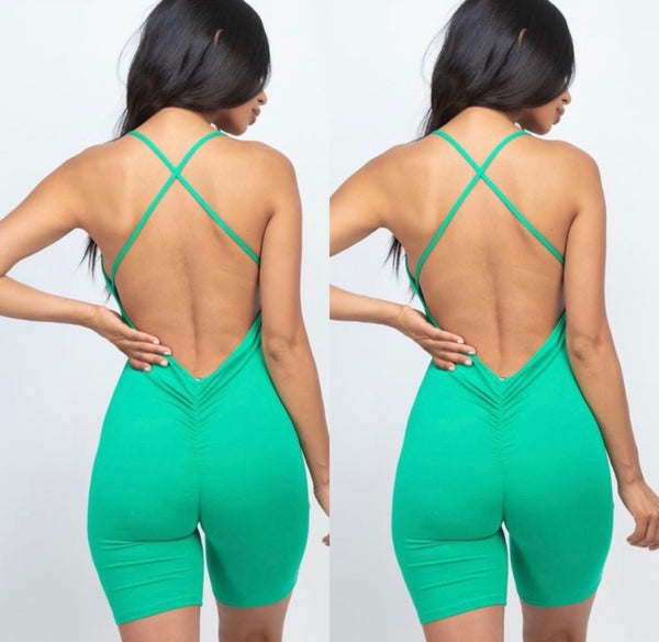 Double Dare Romper Open Back Ruched Design Green or Red