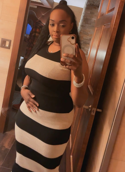 Power Play Black & Oatmeal Knit Vertical Stripe Halter Cropped Top High Waist Midi Skirt Set