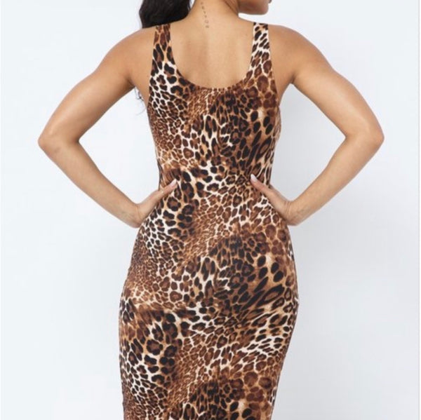 Unfazed Brown Leopard Animal Print Tank Top Sleeveless Midi Bodycon Dress