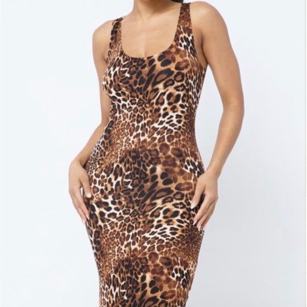 Unfazed Brown Leopard Animal Print Tank Top Sleeveless Midi Bodycon Dress