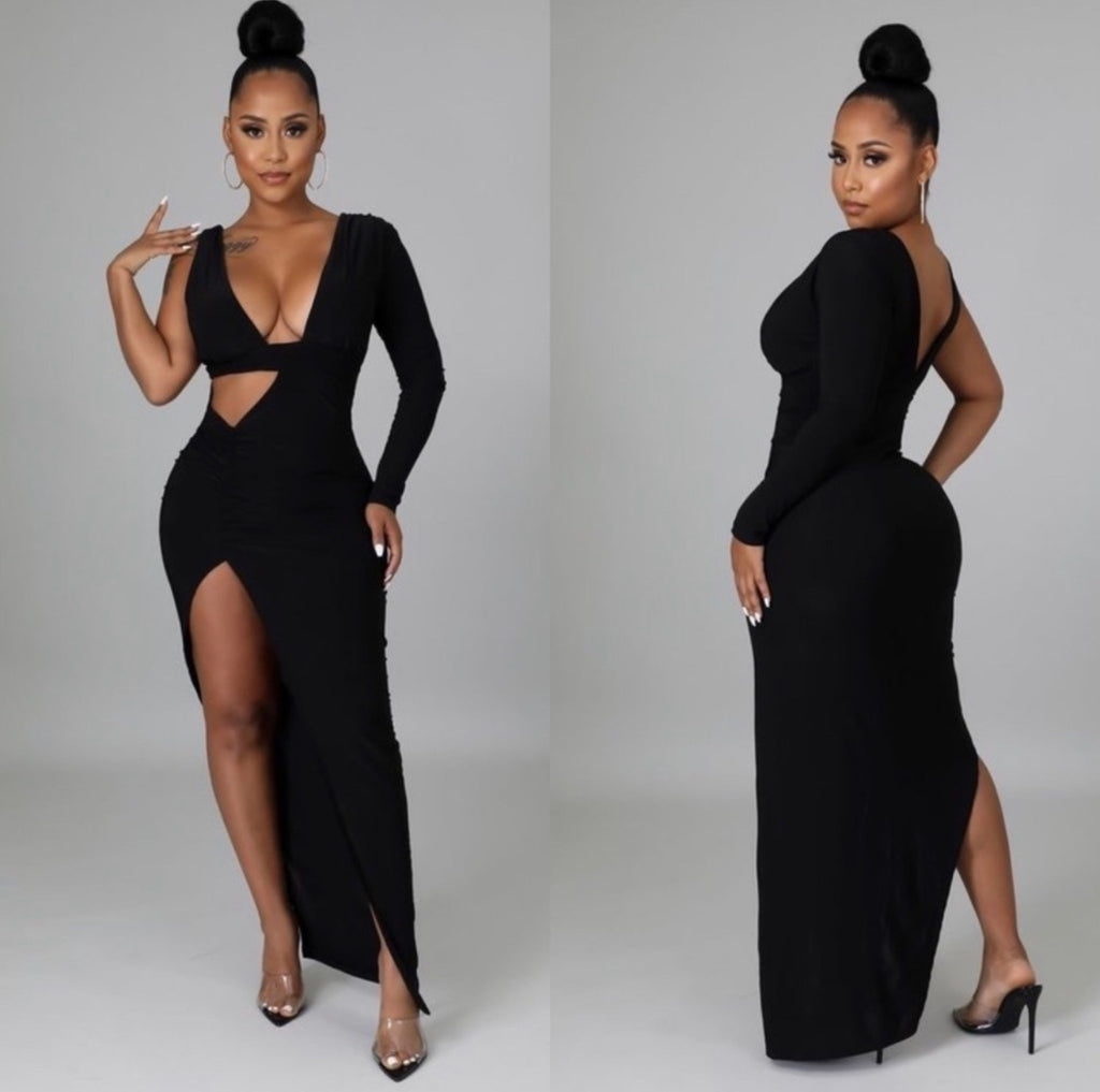Miss Elegance Black One Shoulder Long Sleeve Deep Open V-Neck Side Cut J Elise Boutique Miss Elegance Black One Shoulder Long Sleeve Deep Open V-Neck Side Cut J Elise Boutique