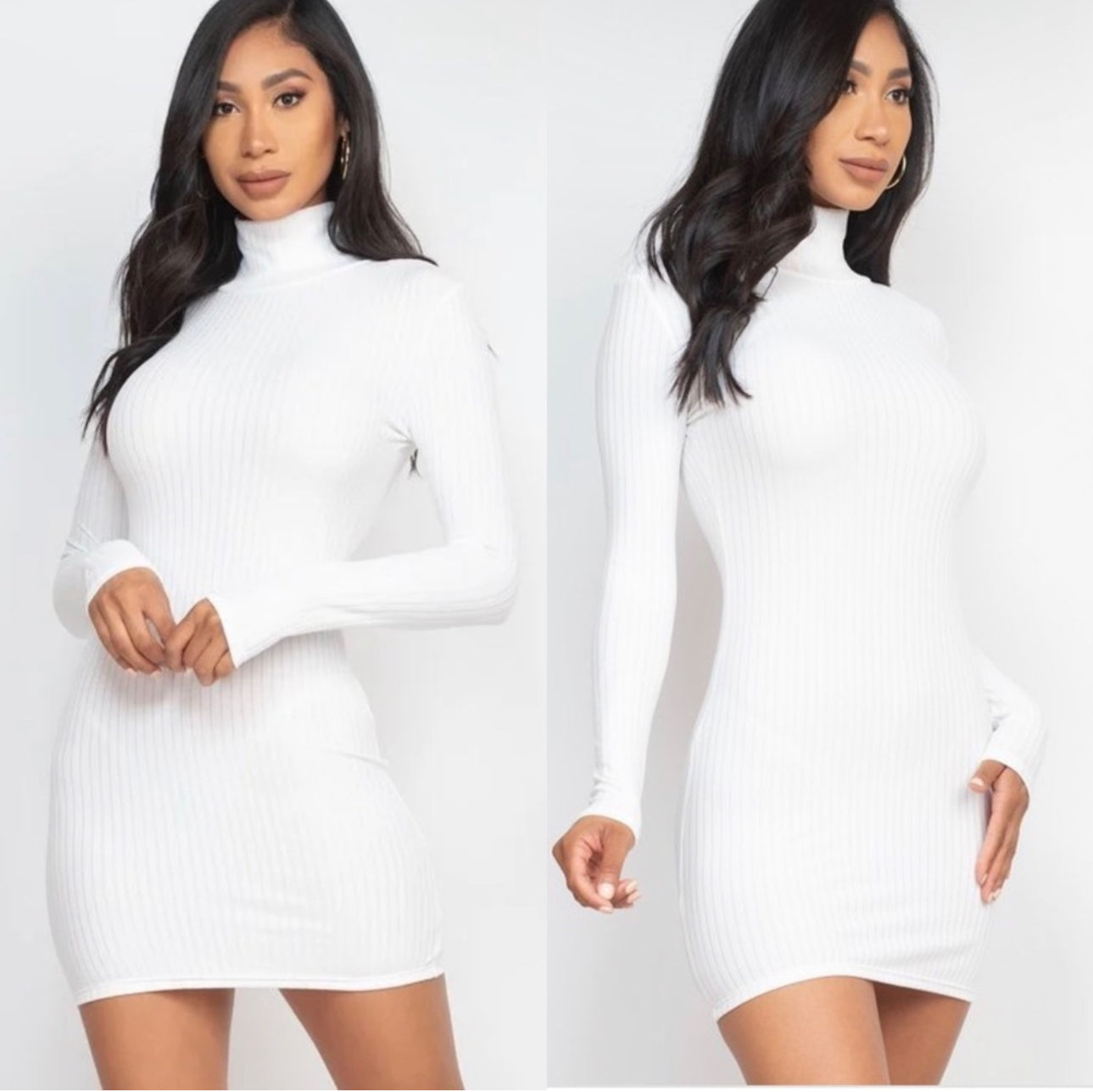 Crystal Curve Snow White Mock Neck Long Sleeve Ribbed Knit Mini Dress