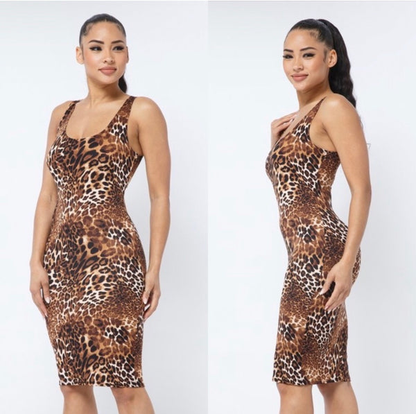 Unfazed Brown Leopard Animal Print Tank Top Sleeveless Midi Bodycon Dress