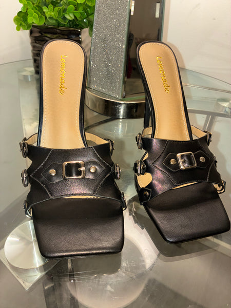 The Love Edit Buckle Mule Stiletto – Square Toe Statement Heel - Black