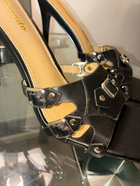 The Love Edit Buckle Mule Stiletto – Square Toe Statement Heel - Black