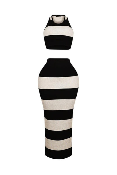 Power Play Black & Oatmeal Knit Vertical Stripe Halter Cropped Top High Waist Midi Skirt Set