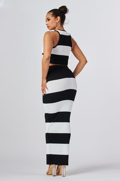 Power Play Black & Oatmeal Knit Vertical Stripe Halter Cropped Top High Waist Midi Skirt Set