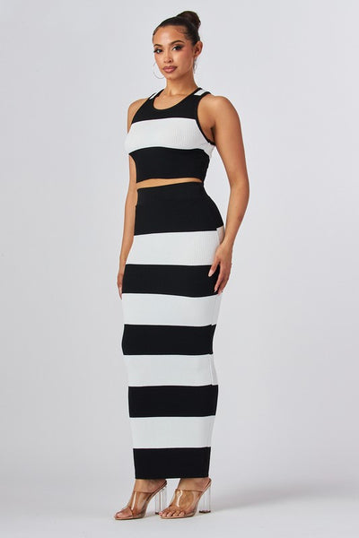 Power Play Black & Oatmeal Knit Vertical Stripe Halter Cropped Top High Waist Midi Skirt Set