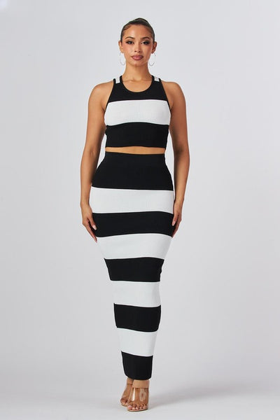 Power Play Black & Oatmeal Knit Vertical Stripe Halter Cropped Top High Waist Midi Skirt Set