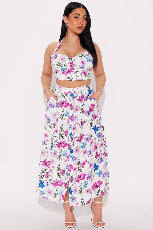 Petals in Paradise Floral Halter Sweetheart Neckline Crop Top Skirt Set