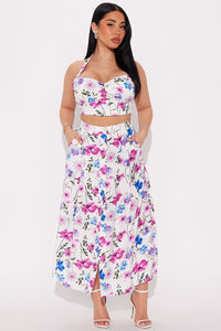 Petals in Paradise Floral Halter Sweetheart Neckline Crop Top Skirt Set