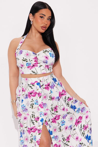 Petals in Paradise Floral Halter Sweetheart Neckline Crop Top Skirt Set