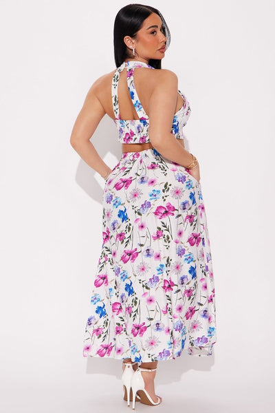 Petals in Paradise Floral Halter Sweetheart Neckline Crop Top Skirt Set