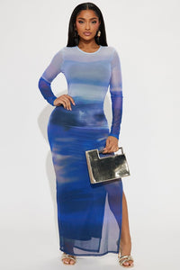 Ocean Aura Long Sleeve Blue Ombré Mesh Fitted Maxi Dress