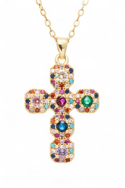 The Opulence Cross Necklace Gold Multicolor Cross Necklace – 14K Gold Plated Statement Jewelry