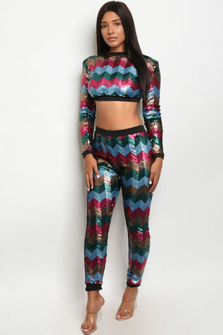 See Me Sequins Multi Color Two Piece Sequins Long Sleeve Crop Top & Sequins Leggings Set