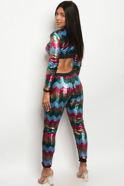 See Me Sequins Multi Color Two Piece Sequins Long Sleeve Crop Top & Sequins Leggings Set