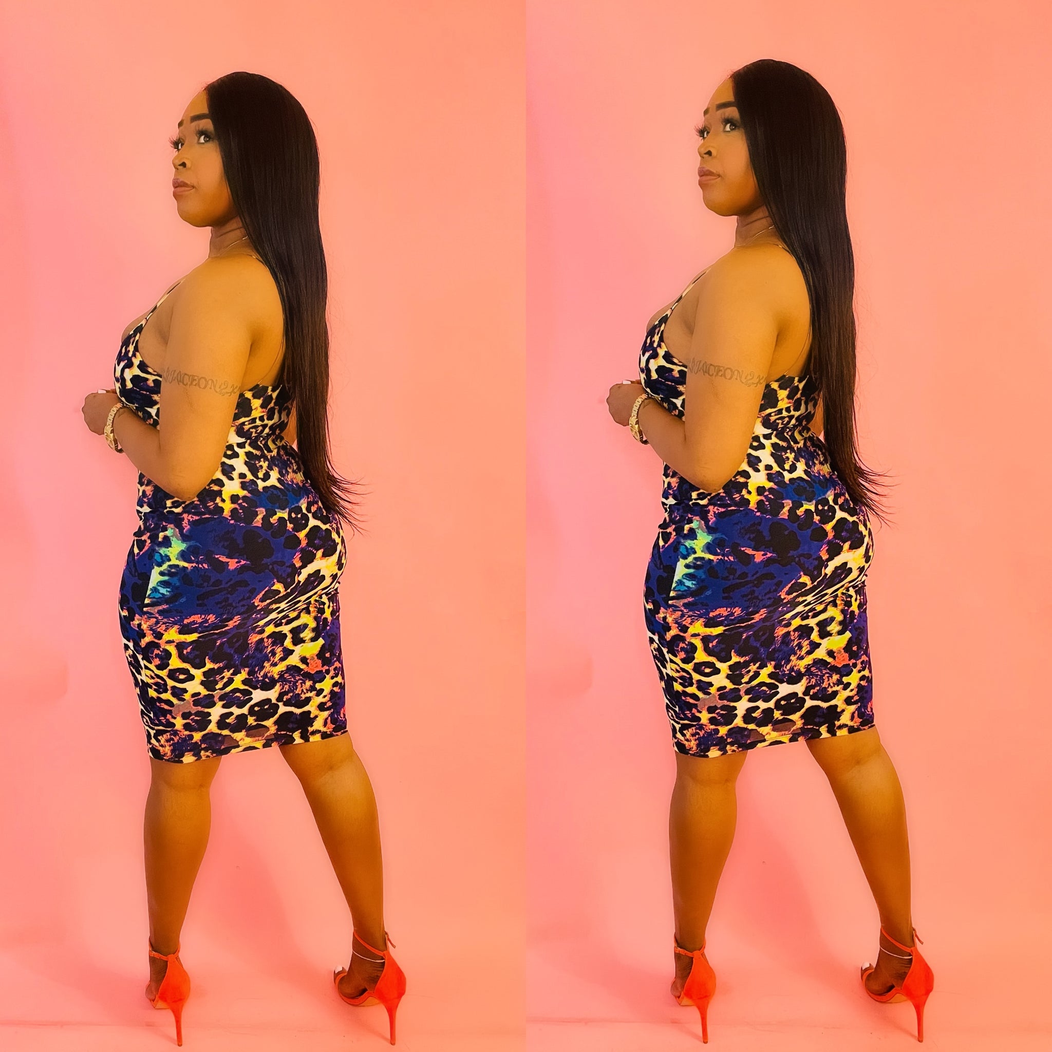 Play Hard Multi Color Leopard Print Skinny Strap Midi Dress