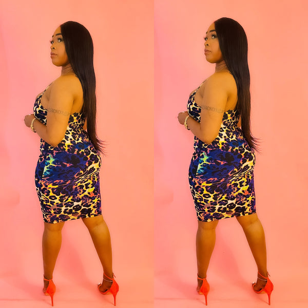 Play Hard Multi Color Leopard Print Skinny Strap Midi Dress