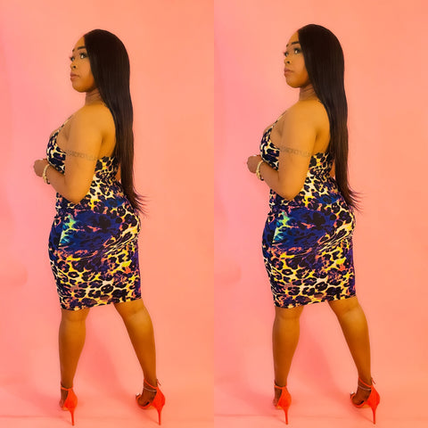 Play Hard Multi Color Leopard Print Skinny Strap Midi Dress