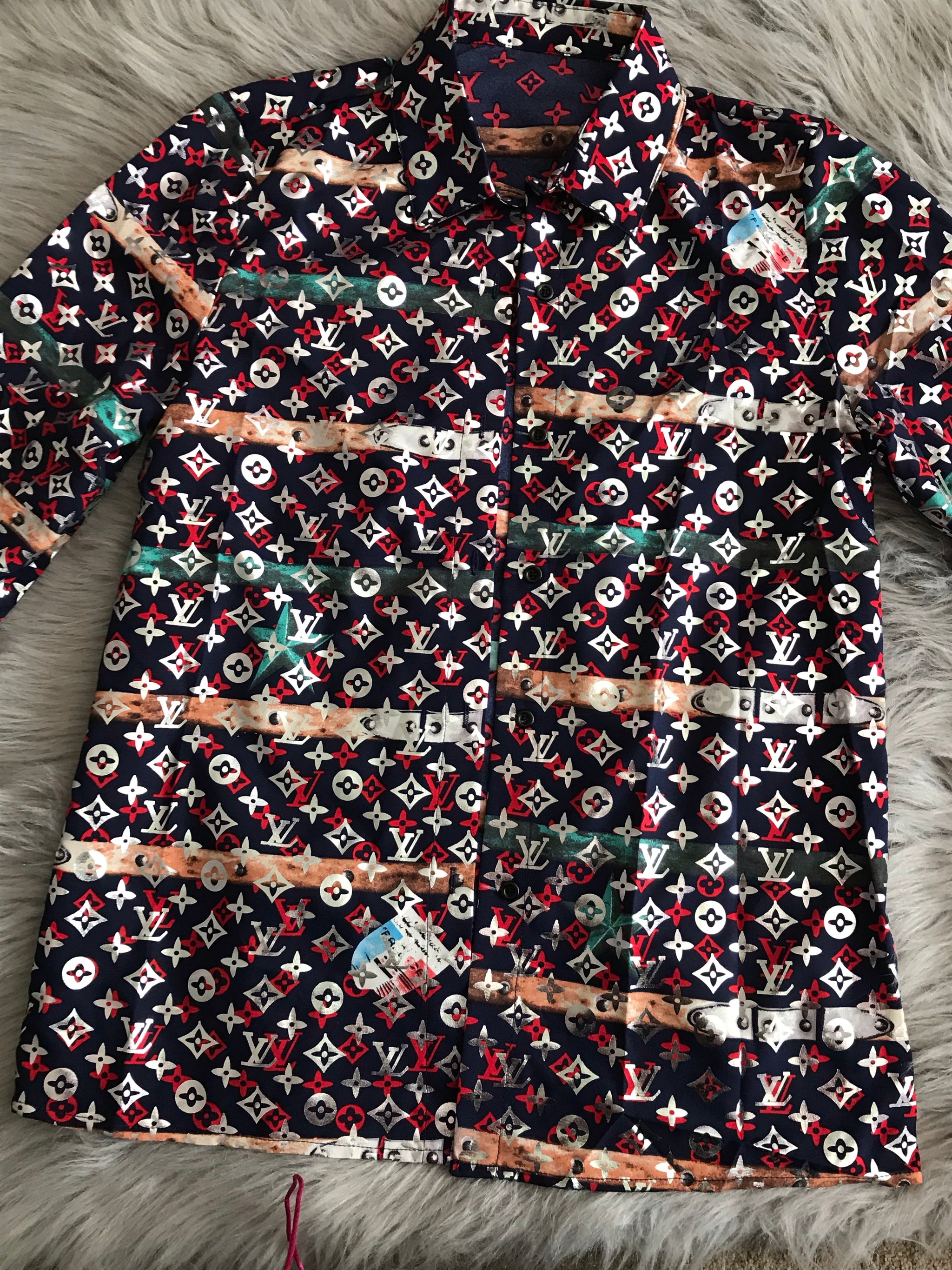 LV Print Navy Blue All Over Logo Long Sleeve Collar Button Up Shirt – J Elise Boutique LV Print Navy Blue All Over Logo Long Sleeve Collar Button Up Shirt – J Elise Boutique