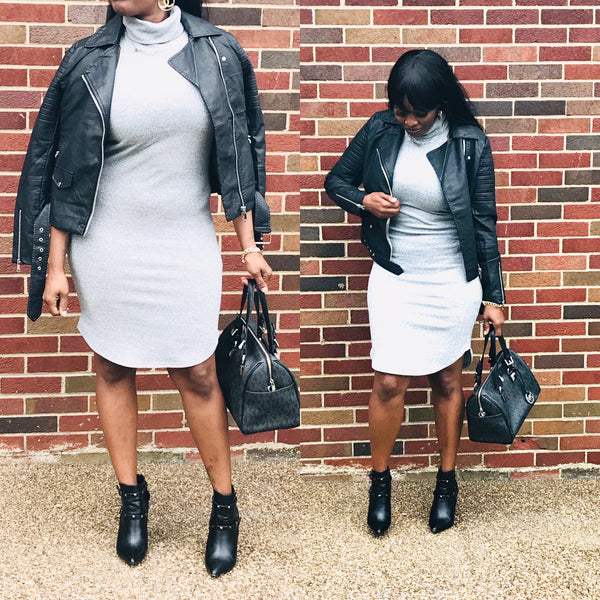 J. ELISE BOUTIQUE Simplicity. Throw on your favorite moto jacket and boots and it's a look!  grey sleeveless ribbed midi dress with turtleneck  Country: USA Fabric Content: 96% RAYON 4% SPANDEX Size Scale: S(4-6)-M(8-10)-L(12-14) Description: L: 40" B: 32" W: 30"