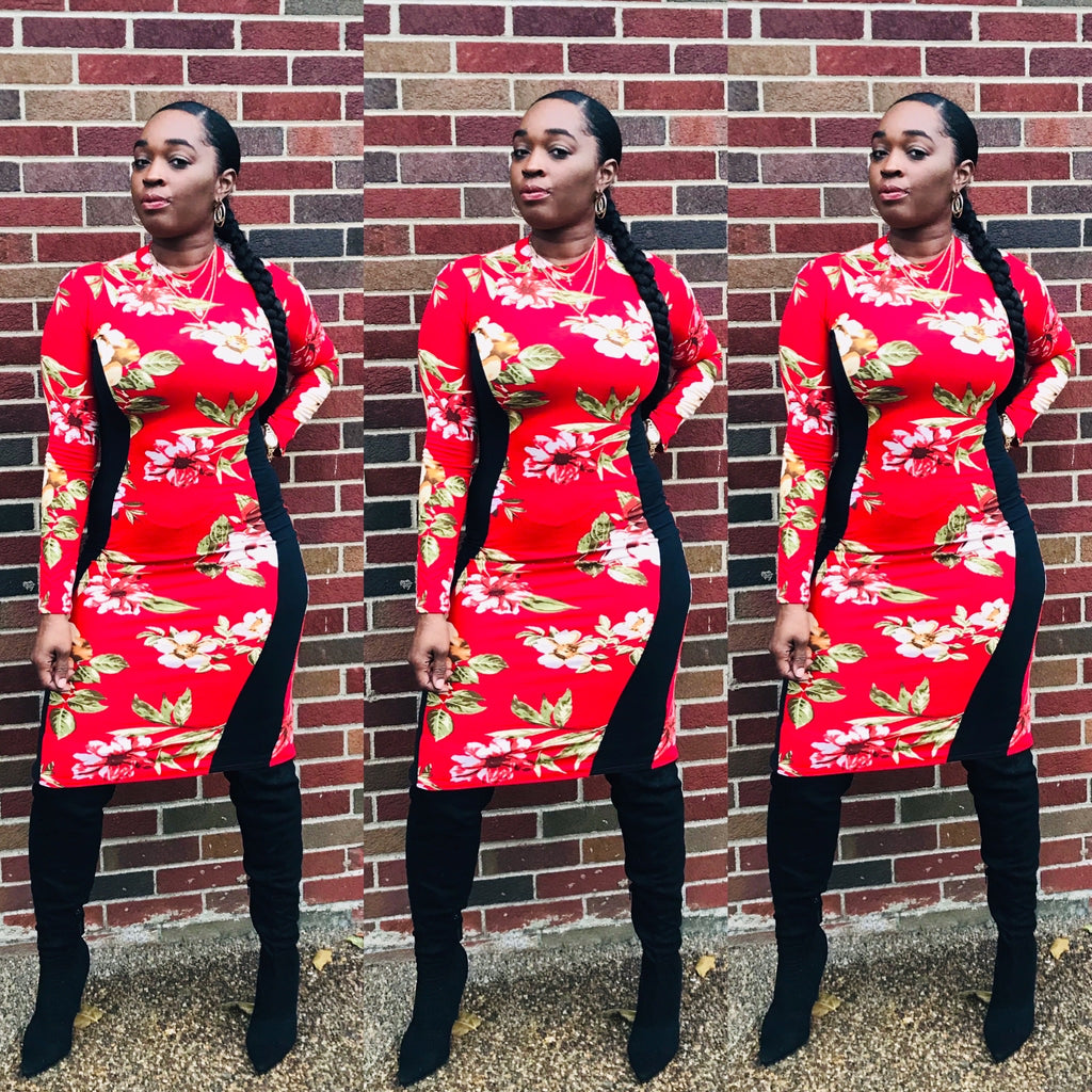 Beautiful Blossom Red & Black Floral Print Long Sleeve Fitted Bodycon J Elise Boutique Beautiful Blossom Red & Black Floral Print Long Sleeve Fitted Bodycon J Elise Boutique