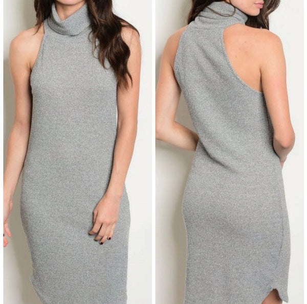 Endless Fun Grey Ribbed Sleeveless Turtleneck Midi Sweater Dress