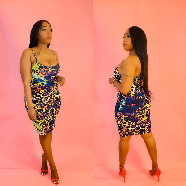 Play Hard Multi Color Leopard Print Skinny Strap Midi Dress
