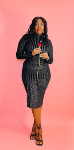 Attentions On Black Shimmer Metallic Long Sleeve Burn Out Midi Dress