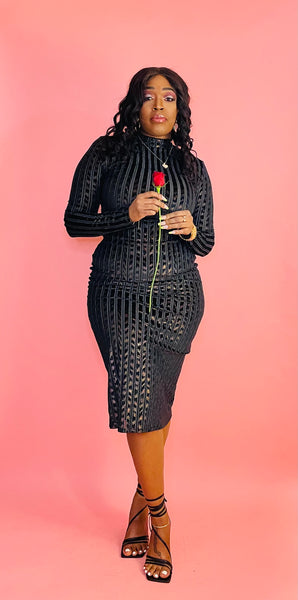 Attentions On Black Shimmer Metallic Long Sleeve Burn Out Midi Dress