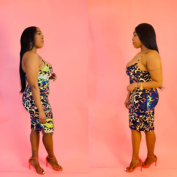 Play Hard Multi Color Leopard Print Skinny Strap Midi Dress