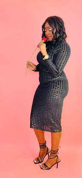Attentions On Black Shimmer Metallic Long Sleeve Burn Out Midi Dress